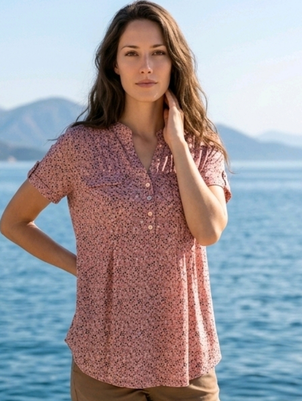 Women’s Short-Sleeve Pink Floral Henley Top